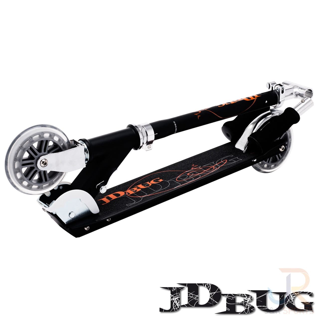 The JD Bug Classic Street 120 Kids Foldable Kick Scooter in Matt Black features a horizontal alignment, matt black foldable design, silver wheels with orange graphics, and sports the JD Bug logo prominently.