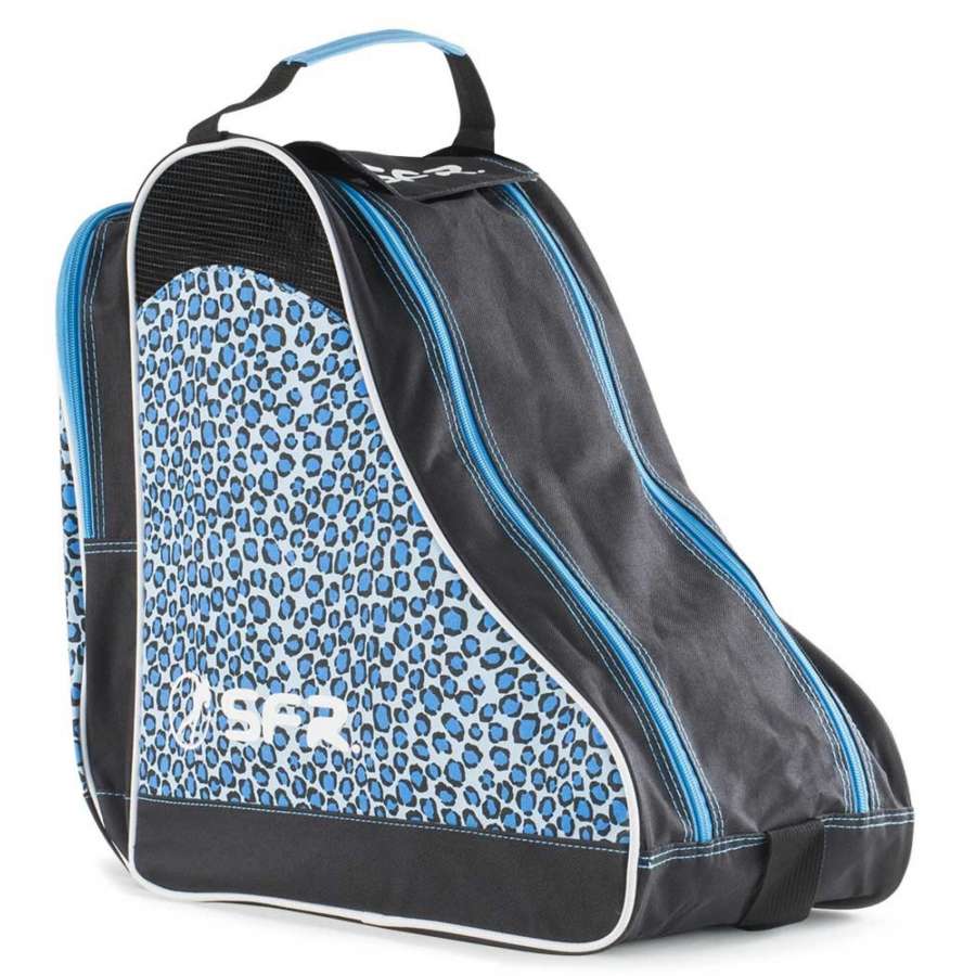 Introducing the SFR Designer Ice & Skate Bag - Blue Leopard by SFR, a chic ski boot bag adorned with a striking blue leopard print, complemented by black accents and blue zippers. This water-resistant bag is designed with a convenient top handle for easy carrying and features ventilated panels to ensure your gear stays fresh.