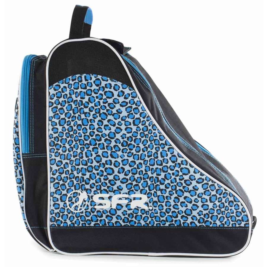 Introducing the SFR Designer Ice & Skate Bag in Blue Leopard, a chic skate bag that boasts a striking blue leopard print with black accents. It prominently displays the white "SFR" logo on the side. Tailored for roller skates, this bag comes with ventilated panels to ensure optimal airflow and features a convenient black handle at the top for easy transport.