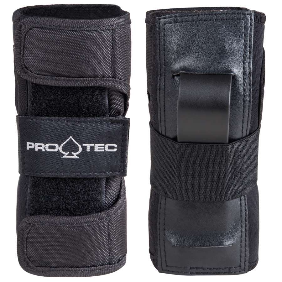 Introducing the Pro-Tec Street Skate Protection Wrist Guards - Black: a pair of ergonomically designed black wrist guards from Pro-Tec, featuring splints for enhanced support. The left guard displays the "Pro-Tec" spade icon while the right includes a protective plastic plate, all secured with adjustable Velcro straps.