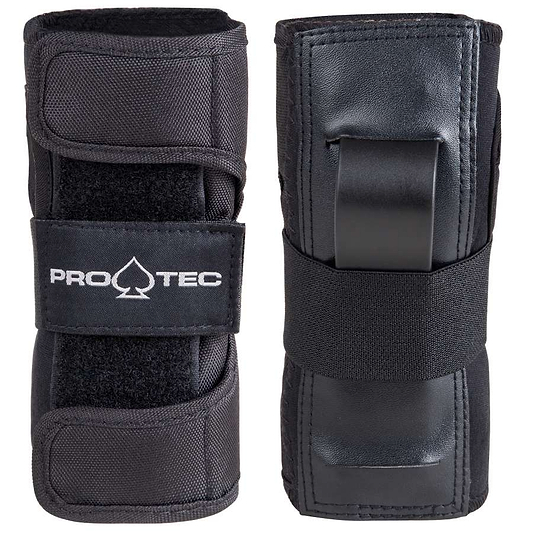 Introducing the Pro-Tec Street Skate Protection Wrist Guards - Black: a pair of ergonomically designed black wrist guards from Pro-Tec, featuring splints for enhanced support. The left guard displays the "Pro-Tec" spade icon while the right includes a protective plastic plate, all secured with adjustable Velcro straps.