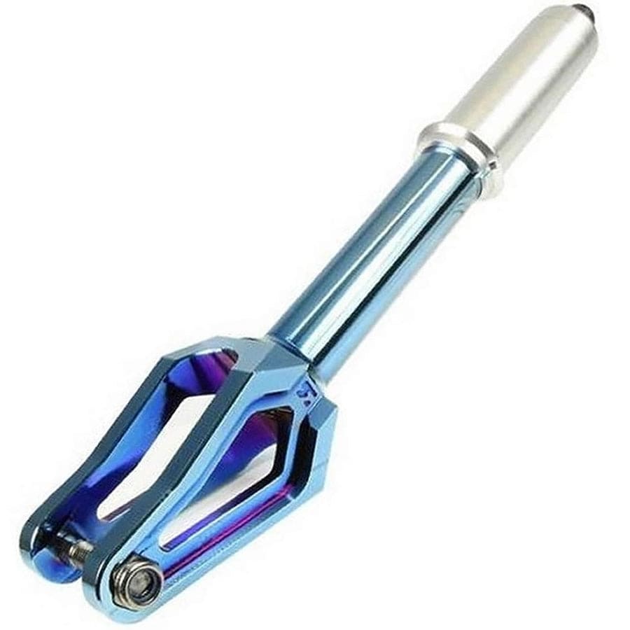 Introducing the Root Industries AIR IHC Stunt Scooter Forks in Blu-Ray, a metallic anodized masterpiece with a stunning blue and purple finish. This lightweight fork features a hollow shaft design with a sleek silver top section, making it perfect for attaching to your scooter frame and accommodating 120mm wheels.