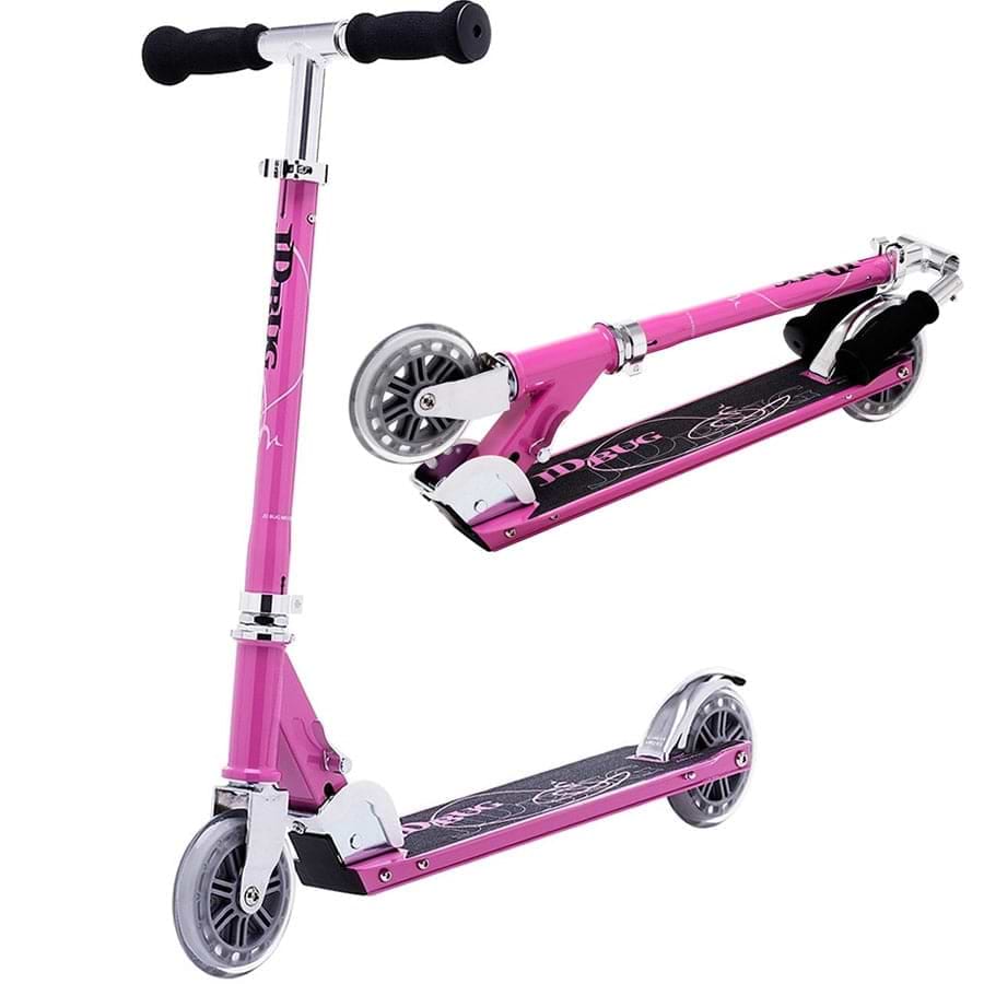 The JD Bug Classic Street 120 Kids Foldable Kick Scooter in Pastel Pink features a lightweight design with black grip tape, silver handlebars, and clear wheels. A smaller image at the top right shows its compact form when folded.