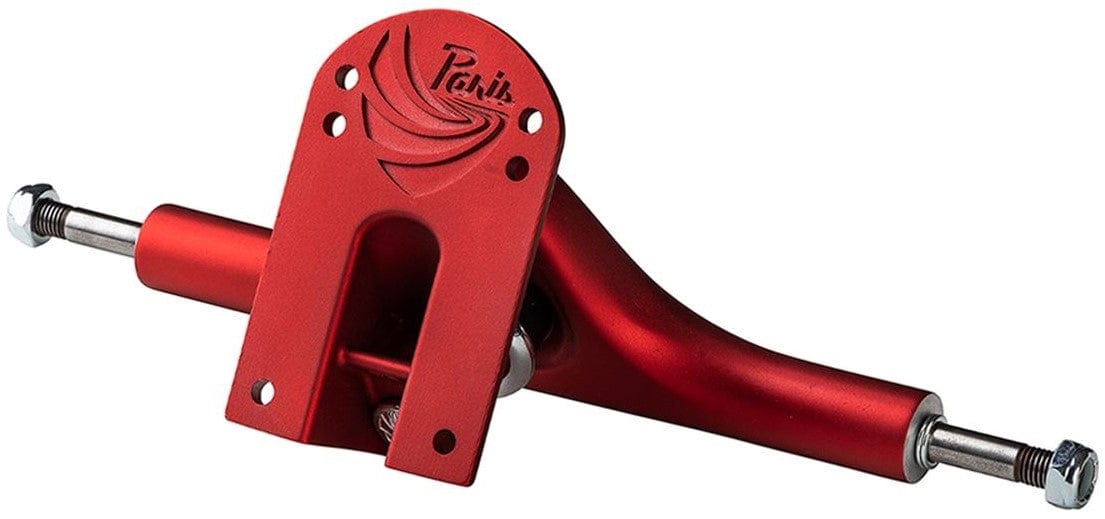 Scarlet red skateboard trucks featuring a sleek design with "Paris" engraved on the baseplate. The Paris V3 Scarlet Red Longboard Trucks (Pair) - 180mm come with adjustable kingpins, a glossy finish, and exceptional durability.