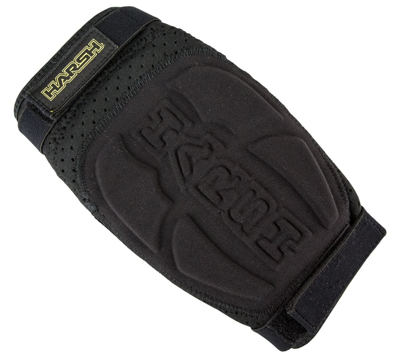 The Harsh Pro FlexFit Elbow Gasket Skate Protection Pad in black offers multi-point padding and a strap for secure fitting. It is designed with ventilation holes and features a prominent Harsh logo in the center.
