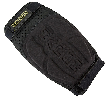 The Harsh Pro FlexFit Elbow Gasket Skate Protection Pad in black offers multi-point padding and a strap for secure fitting. It is designed with ventilation holes and features a prominent Harsh logo in the center.