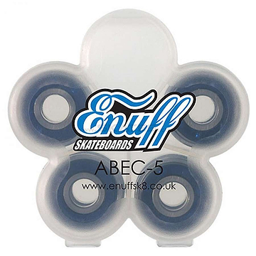 The Enuff ABEC 5 Skateboard Bearings, an 8-pack set from the brand Enuff, come elegantly housed in a translucent, flower-shaped plastic case showcasing the Enuff logo and website. These skateboard bearings are designed to be water-resistant and feature a dark center ring for enhanced durability.