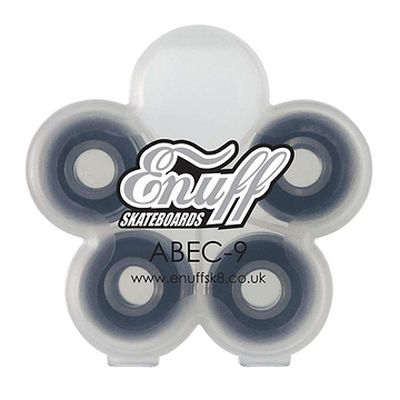 A transparent, flower-shaped case holds eight polished chrome Enuff ABEC 9 Skateboard Bearings. The sealed and water-resistant case showcases the brand name, Enuff, along with their website URL: www.enuffsk8.co.uk.