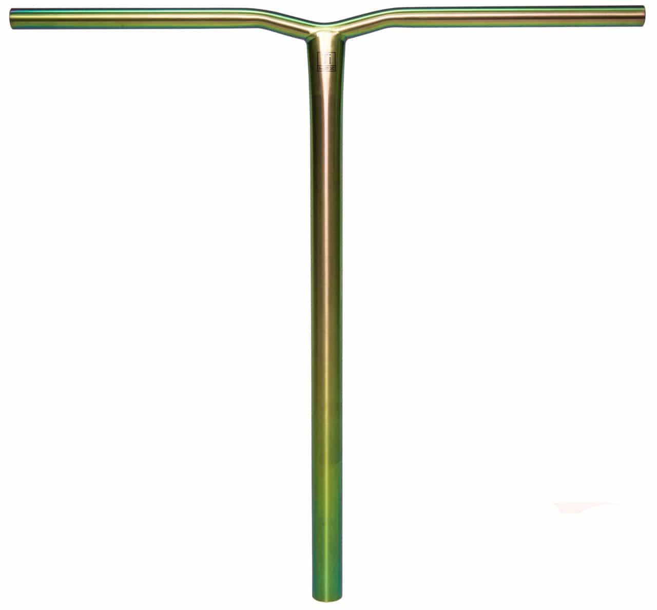 Introducing the Madd Gear MGP MFX BAMF Titanium Oversized SCS Stunt Scooter Bar in stunning Neochrome, measuring 660mm x 660mm. These bars feature a shiny, iridescent finish that enhances their sleek, simple design on a white background. Precision-crafted from Grade 9 Titanium for unbeatable strength and style, they are engineered to elevate your scooter performance to new heights.