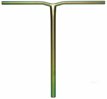 Introducing the Madd Gear MGP MFX BAMF Titanium Oversized SCS Stunt Scooter Bar in stunning Neochrome, measuring 660mm x 660mm. These bars feature a shiny, iridescent finish that enhances their sleek, simple design on a white background. Precision-crafted from Grade 9 Titanium for unbeatable strength and style, they are engineered to elevate your scooter performance to new heights.
