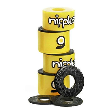 Five cylindrical yellow objects stacked vertically, each marked "Nipples" with a number nine, highlight the high-rebound urethane of the Orangatang Nipples Yellow Longboard Bushings - Hard 89A. Perfect for carving and freestyle, they are accompanied by three circular dark discs featuring textured patterns placed beside the stack.