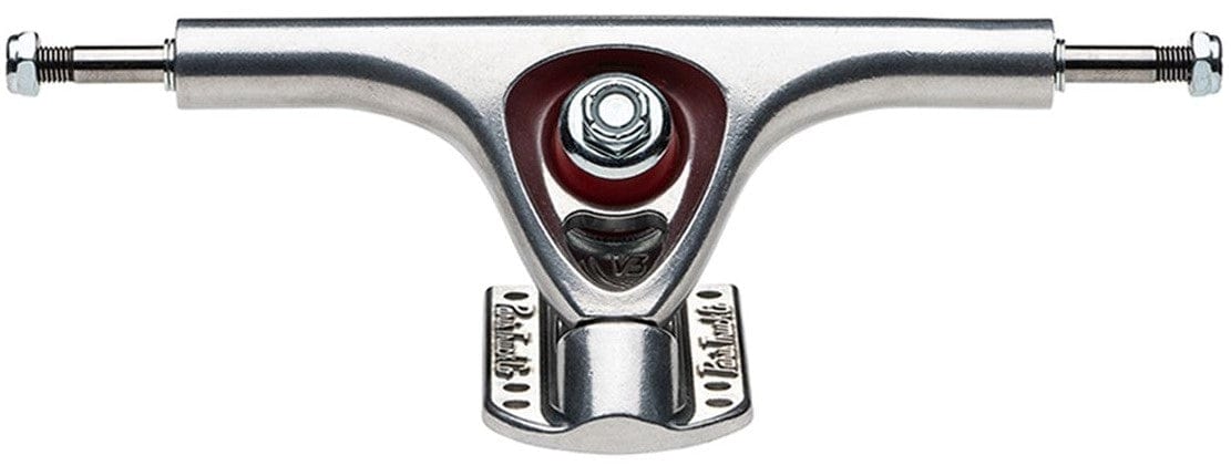 Close-up of a Paris V3 Polished Chrome Longboard Truck in polished chrome with red accents and visible Paris branding. The detailed metal structure of the truck, crafted using a proprietary alloy forming process and T6 heat treatment, is showcased against a plain white background.