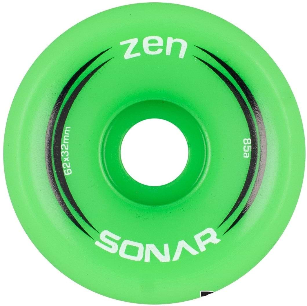 The Radar Sonar Zen 85A Quad Roller Skate Wheel is an affordable and vibrant green option, featuring "Zen" and "Sonar" printed in white. This wheel measures 62x32mm and has a durometer rating of 85a, with sleek black decorative lines curving around the center hole. It is ideal for those seeking quality Sonar Quad Skate wheels.