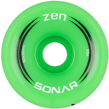 The Radar Sonar Zen 85A Quad Roller Skate Wheel is an affordable and vibrant green option, featuring "Zen" and "Sonar" printed in white. This wheel measures 62x32mm and has a durometer rating of 85a, with sleek black decorative lines curving around the center hole. It is ideal for those seeking quality Sonar Quad Skate wheels.