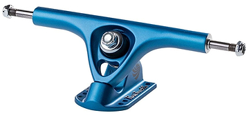 The Paris V3 Cobalt Blue Longboard Trucks are precisely highlighted against a white backdrop, showcasing their articulating parts and design details. Crafted with proprietary alloy and featuring silver axles, these 180mm trucks have "Paris" engraved on the baseplate.
