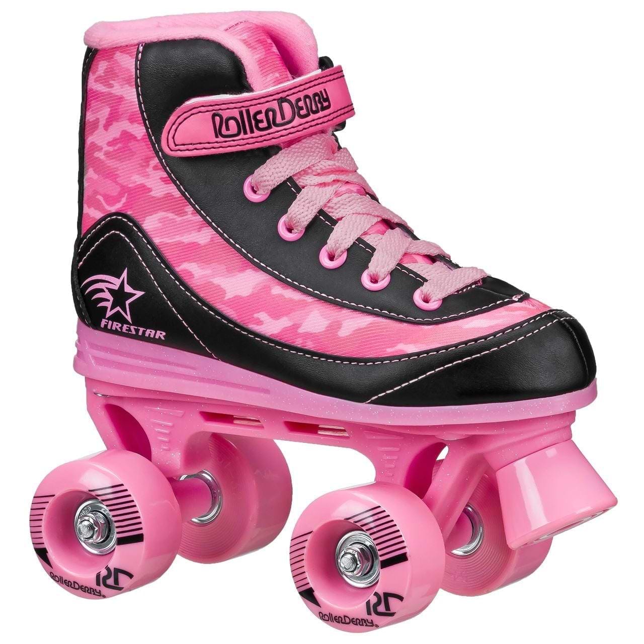The Roller Derby Firestar V2 Quad Roller Skates in Pink Camo feature a striking camouflage pattern on the upper, coupled with four durable polyurethane wheels. They come with pink laces and have branding on the side, combining style with practicality.