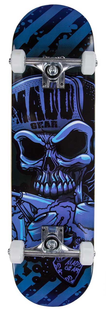 The Madd Gear MGP Pro Series Hatter Blue / Black Complete Skateboard, measuring 8" x 31", showcases a dark and edgy design with a striking skull graphic in blue and black. Featuring "MADD GEAR" text, this skateboard is equipped with ABEC 3 bearings, white wheels, silver trucks, and a durable 9-ply maple deck. It offers both style and performance for skaters seeking an impressive ride.
