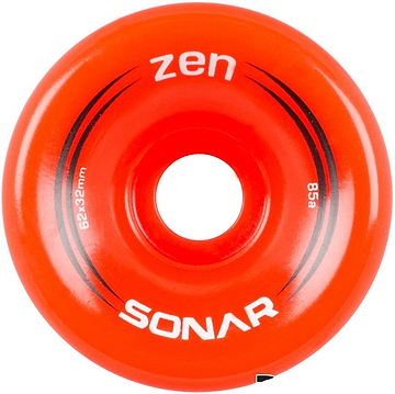 The Radar Sonar Zen 85A Quad Roller Skate Wheel, in a vibrant red color, is ideal for quad skating. This wheel measures 62mm x 32mm and includes the text "Zen," along with "85a." It also features bold black design lines and a central hole, perfect for outdoor recreation.
