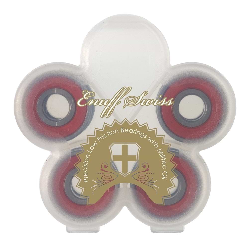 A translucent plastic case designed in the shape of a flower contains four red and silver skateboard bearings from Enuff. The label features "Enuff Swiss" with a gold emblem, emphasizing the high precision and low friction of these bearings, which are infused with nitride oil for optimal performance.