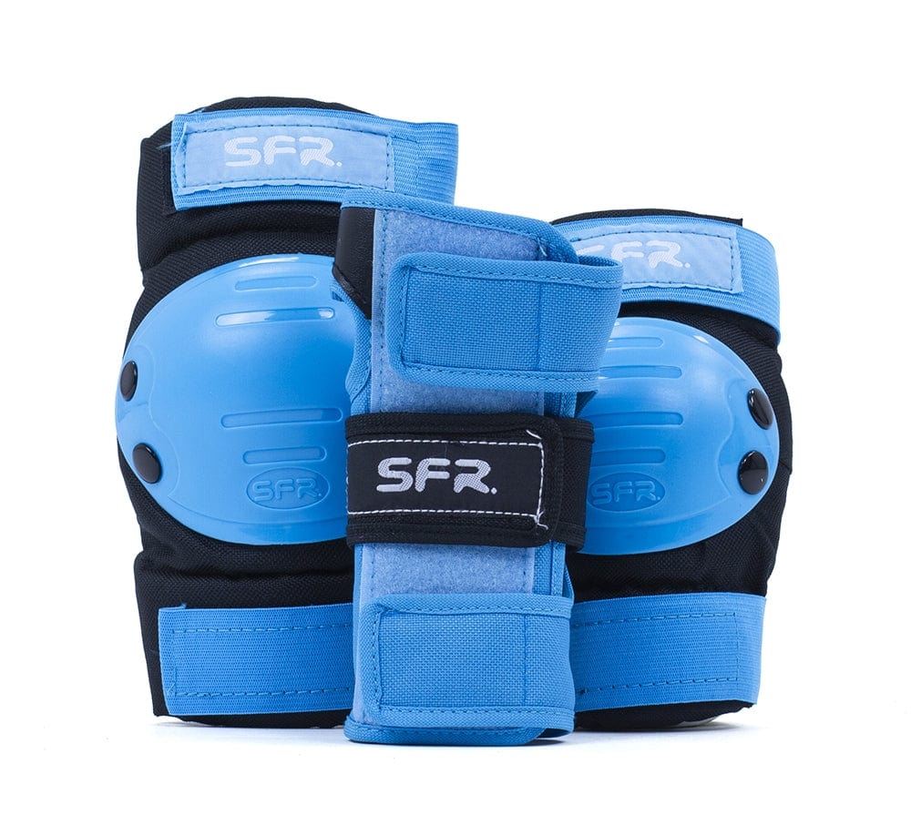 The SFR Youth Ramp Triple Skate Protection Pad Set in Black/Blue includes knee pads, elbow pads, and wrist guards. Designed with impact caps for enhanced youth protection, it ensures safety for recreational skaters during activities like skating or cycling.