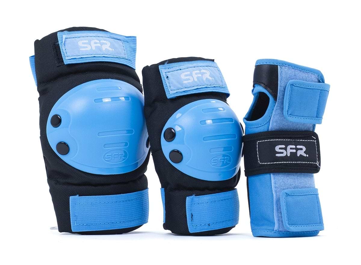 Introducing the SFR Youth Ramp Triple Skate Protection Pad Set in Black and Blue, ideal for recreational skaters. This set includes knee pads, elbow pads, and wrist guards featuring light blue hard shells with impact caps and adjustable straps. The "SFR" logo is prominently displayed on a clean white background.