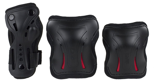 Introducing the SFR Essentials Junior Triple Skate Protection Pad Set - Black: an entry-level protection kit set against a white backdrop. This sleek black gear includes knee pads, elbow pads, and wrist guards with red accents, enhanced with impact caps for added safety. Perfect for young thrill-seekers!