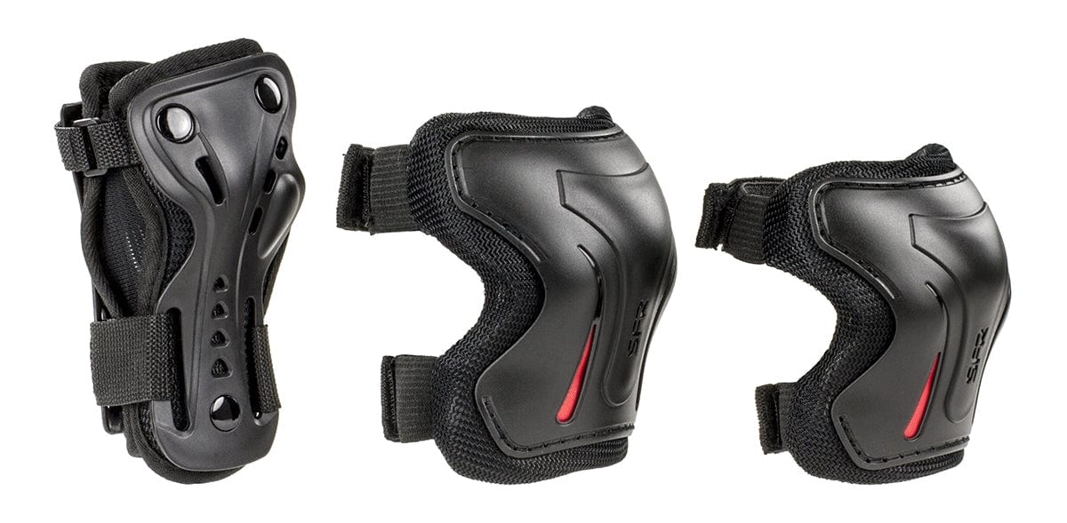 The Legacy Ventus Gold Stunt Scooter Starter Bundle by Legacy includes three black protective gear pieces with red accents and adjustable straps for wrists, elbows, and knees—perfect to pair with a scooter helmet or stunt scooter. Displayed on a white background.