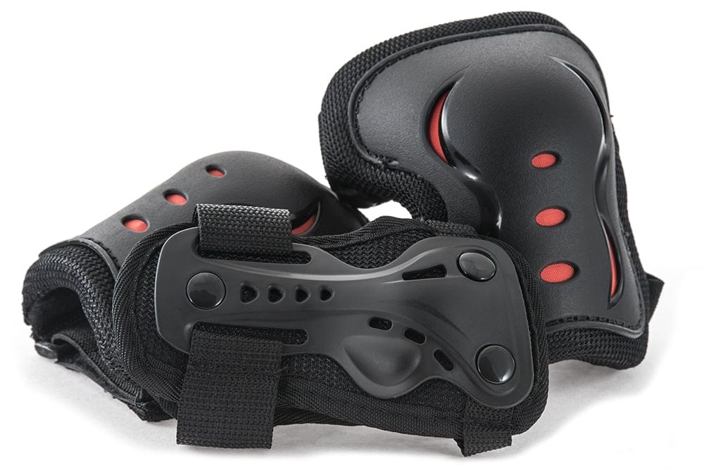 The Legacy Fade Black / Grey Stunt Scooter Starter Bundle by Legacy includes black protective pads with red accents for knees, elbows, or wrists—ideal for skating, biking, or starting out with a beginner stunt scooter.