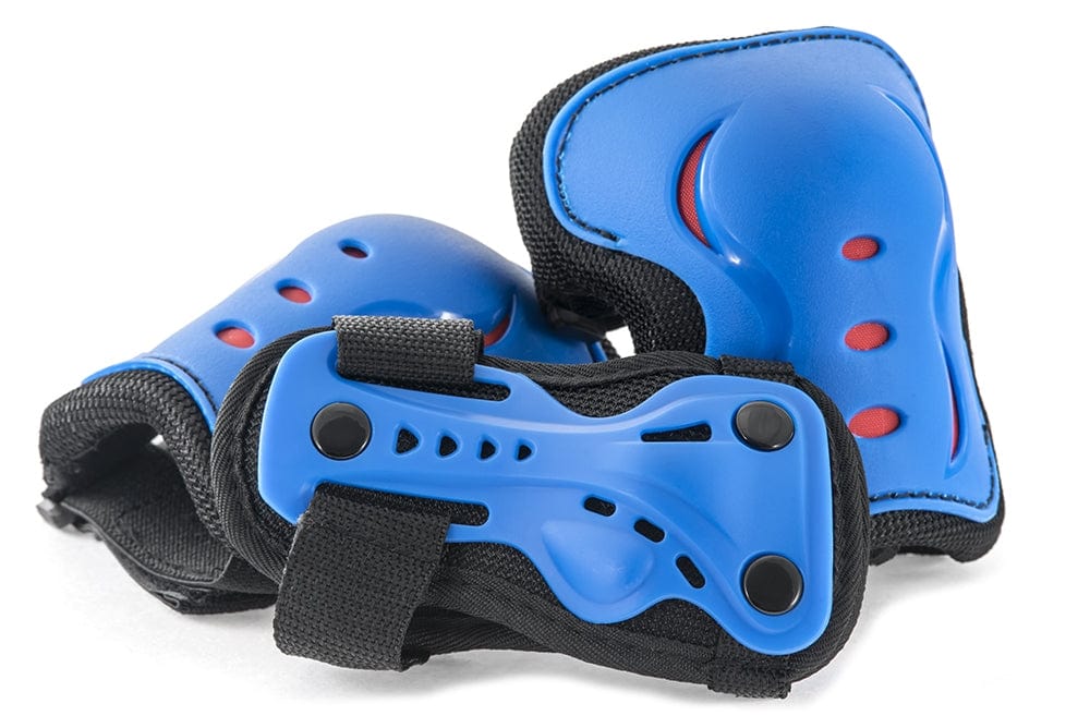 The SFR Essentials Junior Triple Skate Protection Pad Set in Blue/Red offers protective pads that include elbow and wrist guards. Designed by SFR for safety, these pads feature ventilation holes and adjustable elastic straps to ensure a secure fit during skating or similar activities.