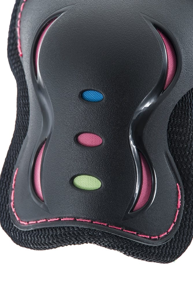 Close-up of the SFR Essentials Junior Triple Skate Protection Pad Set in Disco Black. It sports a black padded design with pink lining, accented with three small colorful disks—blue, pink, and green—in the center. The textured material highlights its purpose as part of a protective set for young riders, making it perfect for ensuring safety during sports activities.