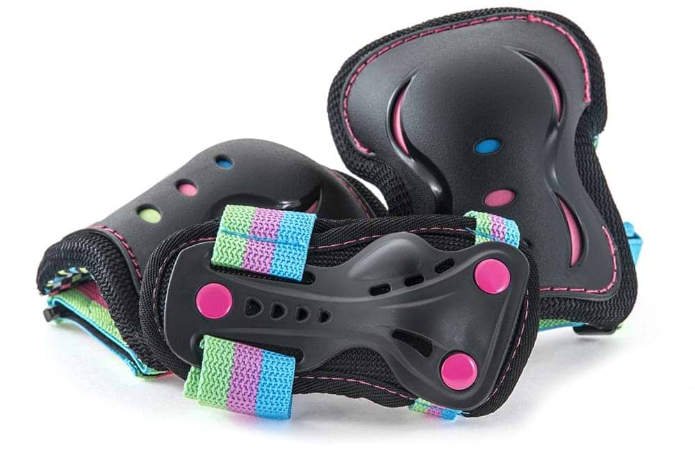 The SFR Essentials Junior Triple Skate Protection Pad Set in Disco Black features two black knee pads with colorful straps showcasing pink, blue, and green accents. Designed for young outdoor sports enthusiasts such as skaters and cyclists, these pads offer impact caps for superior resistance along with soft inner padding to ensure comfort.
