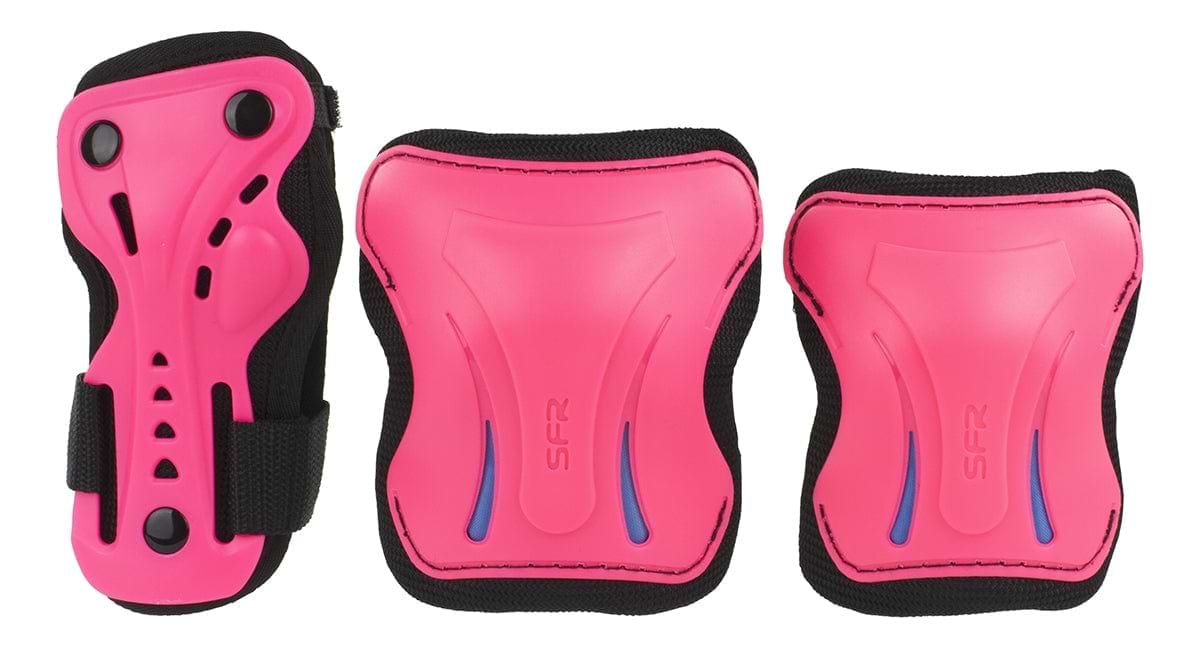 The SFR Essentials Junior Triple Skate Protection Pad Set in Pink/Blue features three bright pink pieces with black trim: a left wrist guard, and knee and elbow pads on the right. With impact caps for enhanced safety, they display the "SFR" logo accented in blue.