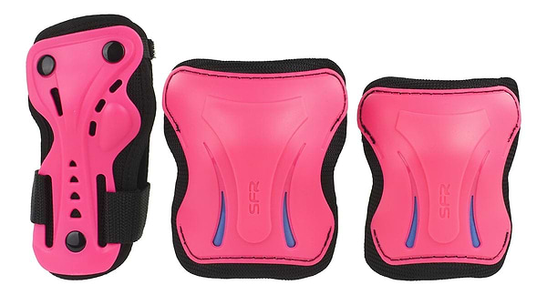 The SFR Essentials Junior Triple Skate Protection Pad Set in Pink/Blue features three bright pink pieces with black trim: a left wrist guard, and knee and elbow pads on the right. With impact caps for enhanced safety, they display the "SFR" logo accented in blue.