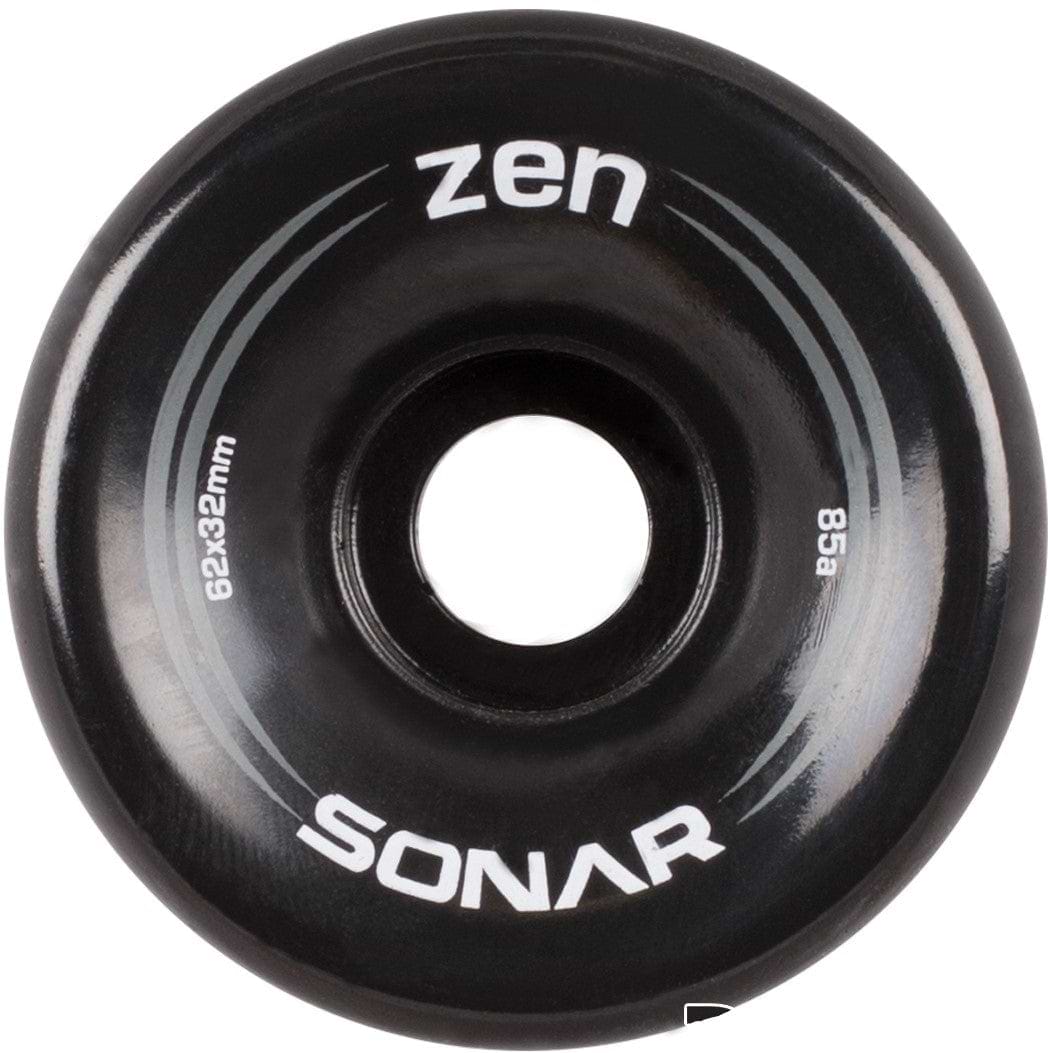 A close-up features a black Radar Sonar Zen 85A quad skate wheel showcasing the brand name "SONAR" and model "zen" in white text. The dimensions "62x32mm" and hardness rating "85a" are clearly visible on this budget-friendly outdoor wheel, which impresses with its sleek design accented by subtle gray lines—ideal for all your outdoor recreational activities.