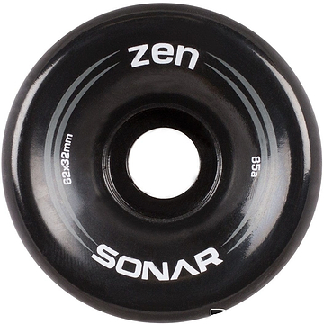 A close-up features a black Radar Sonar Zen 85A quad skate wheel showcasing the brand name "SONAR" and model "zen" in white text. The dimensions "62x32mm" and hardness rating "85a" are clearly visible on this budget-friendly outdoor wheel, which impresses with its sleek design accented by subtle gray lines—ideal for all your outdoor recreational activities.