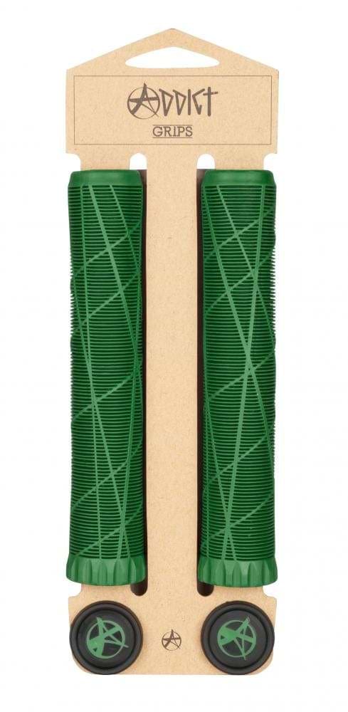 The Addict OG Bottle Green Stunt Scooter Grips, measuring 180mm, come with two green handlebar grips made from ultra-soft TPR. They are attached to a labeled cardboard backing as "Addict Grips" and designed specifically for original scooter enthusiasts. These grips showcase a geometric pattern with ridged textures and include two black end caps featuring green circular designs at the bottom.