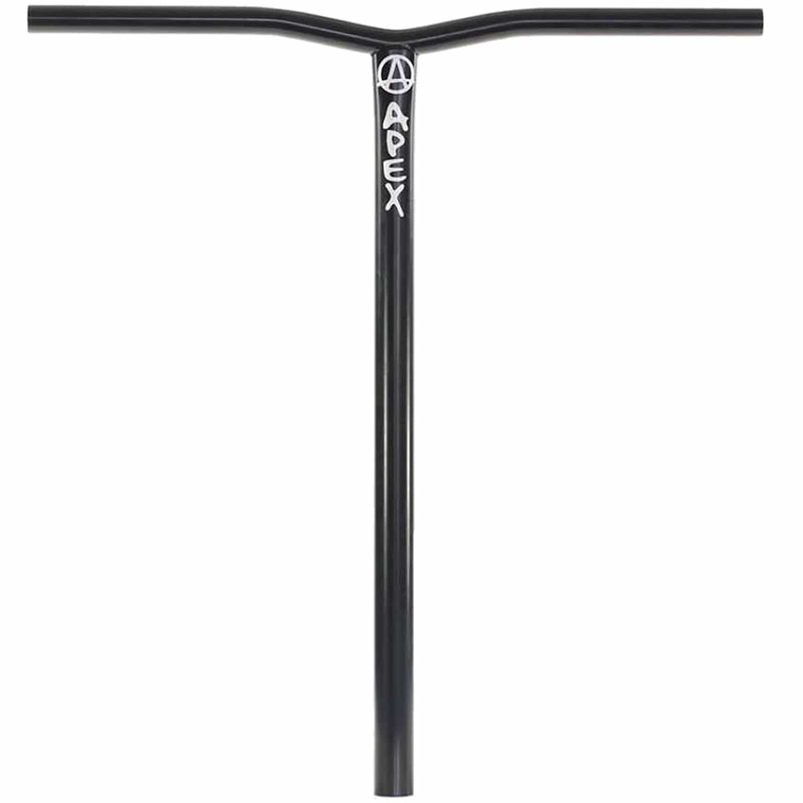 The Apex Bol Steel Oversized HIC Stunt Scooter Bars boast a durable 4130 Chromoly Steel construction in black, prominently displaying the "Apex" brand name and logo on its vertical bar. With dimensions of 610mm x 560mm, these handlebars offer a minimalist and sleek design, enhanced by a stylish powder coat finish.