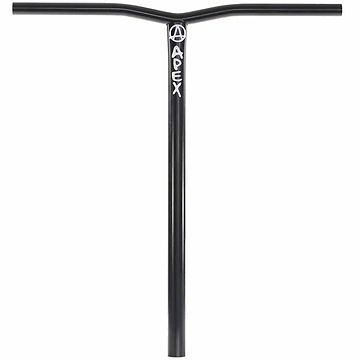 The Apex Bol Steel Oversized HIC Stunt Scooter Bars boast a durable 4130 Chromoly Steel construction in black, prominently displaying the "Apex" brand name and logo on its vertical bar. With dimensions of 610mm x 560mm, these handlebars offer a minimalist and sleek design, enhanced by a stylish powder coat finish.