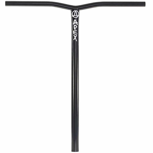 The Apex Bol Steel Oversized HIC Stunt Scooter Bars boast a durable 4130 Chromoly Steel construction in black, prominently displaying the "Apex" brand name and logo on its vertical bar. With dimensions of 610mm x 560mm, these handlebars offer a minimalist and sleek design, enhanced by a stylish powder coat finish.