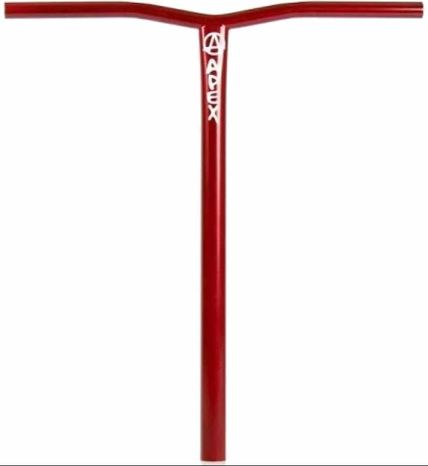 Discover the resilience of the Apex Bol Steel Oversized HIC Stunt Scooter Bars, made from robust scratch-resistant 4130 Chromoly Steel. Featuring a stylish T-shape design in red with a bold white "Apex" logo near the top, this handlebar ensures both style and strength.