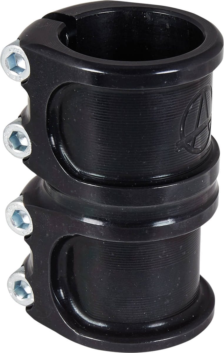 Introducing the Apex Lite 4 Bolt Oversized SCS Stunt Scooter Clamp in black, featuring a double-sectioned CNC machined metal design. It comes with shiny hex screws on the left and displays a subtle logo on the right, making it ideal for securely fastening circular objects such as handlebars.