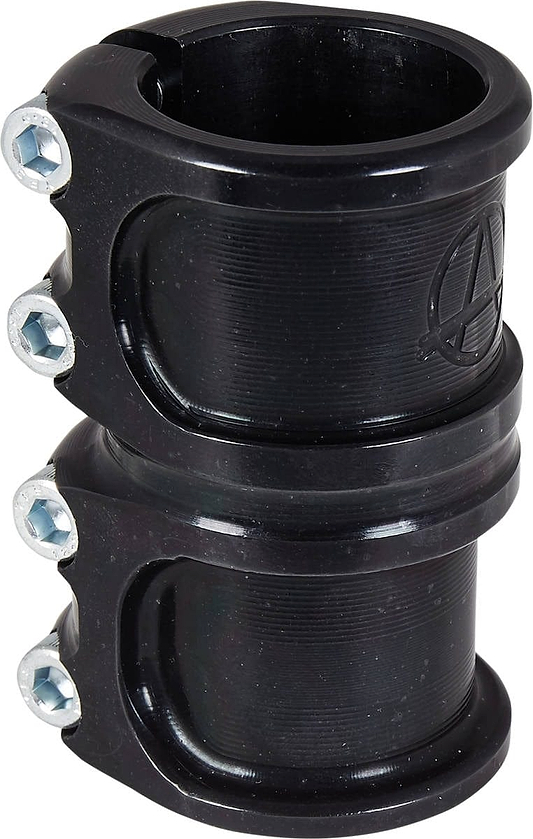 Introducing the Apex Lite 4 Bolt Oversized SCS Stunt Scooter Clamp in black, featuring a double-sectioned CNC machined metal design. It comes with shiny hex screws on the left and displays a subtle logo on the right, making it ideal for securely fastening circular objects such as handlebars.