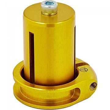 The Apex Mono Lite 1 Bolt Oversized Stunt Scooter Clamp & HIC Kit in gold features a cylindrical gold anodized metal part with a bolt on top and elongated slots on the sides, resembling a lightweight clamp. It is attached to a base with a threaded hole, making it suitable for mechanical or automotive applications, and is likely used as part of an Apex stunt scooter clamp system.