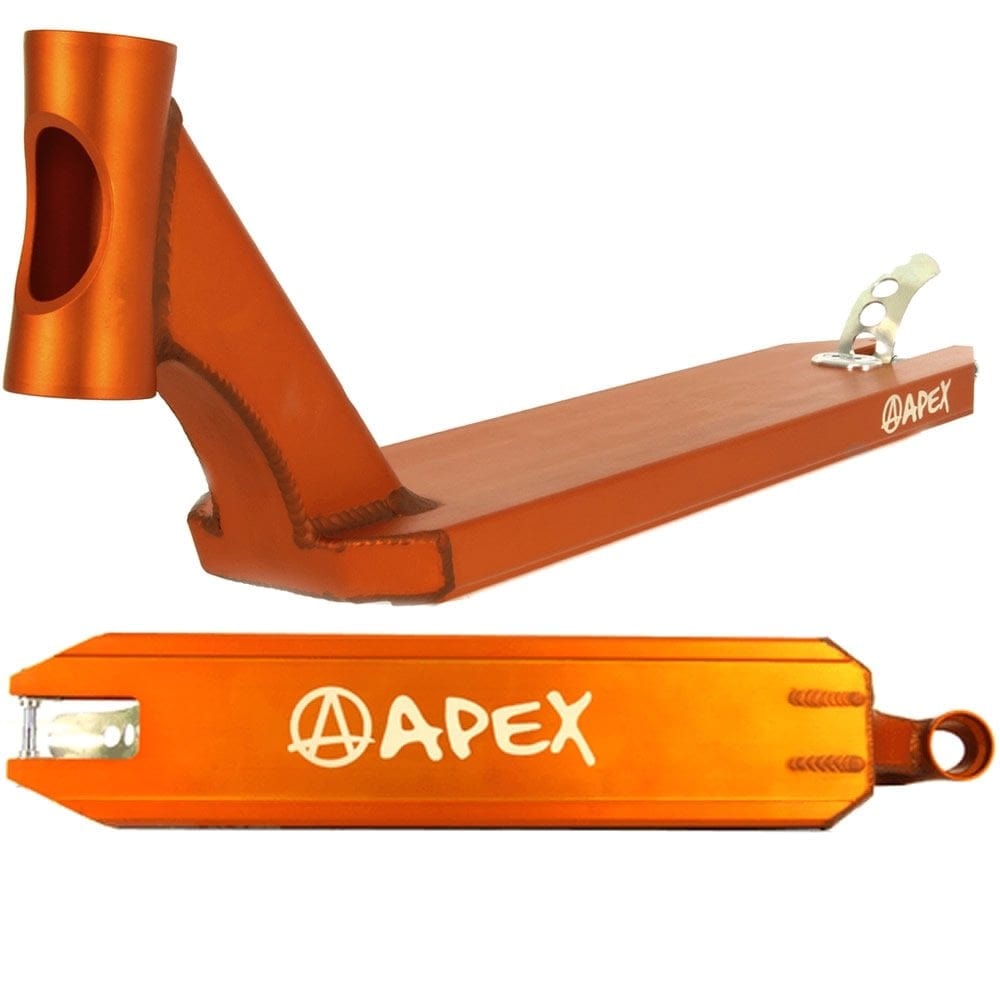 The Apex Pro Orange Stunt Scooter Deck, measuring 4.5" x 20.1", is displayed with its precise welding and sleek design. The "Apex" brand logo is prominently featured on the side, highlighting this durable scooter deck's cutout near the headtube and its integrated back brake for optimum performance.
