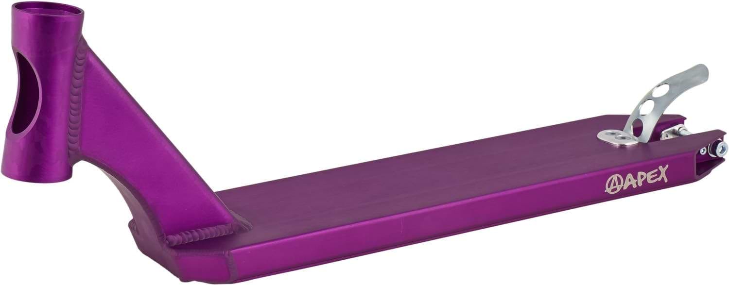 The Apex Pro Purple Stunt Scooter Deck - 4.5" x 20.1" comes equipped with an attached head tube and brake, prominently displaying the Apex brand logo on the side. Renowned for its durability, this lightweight scooter deck merges strong construction with a sleek design to deliver exceptional performance.
