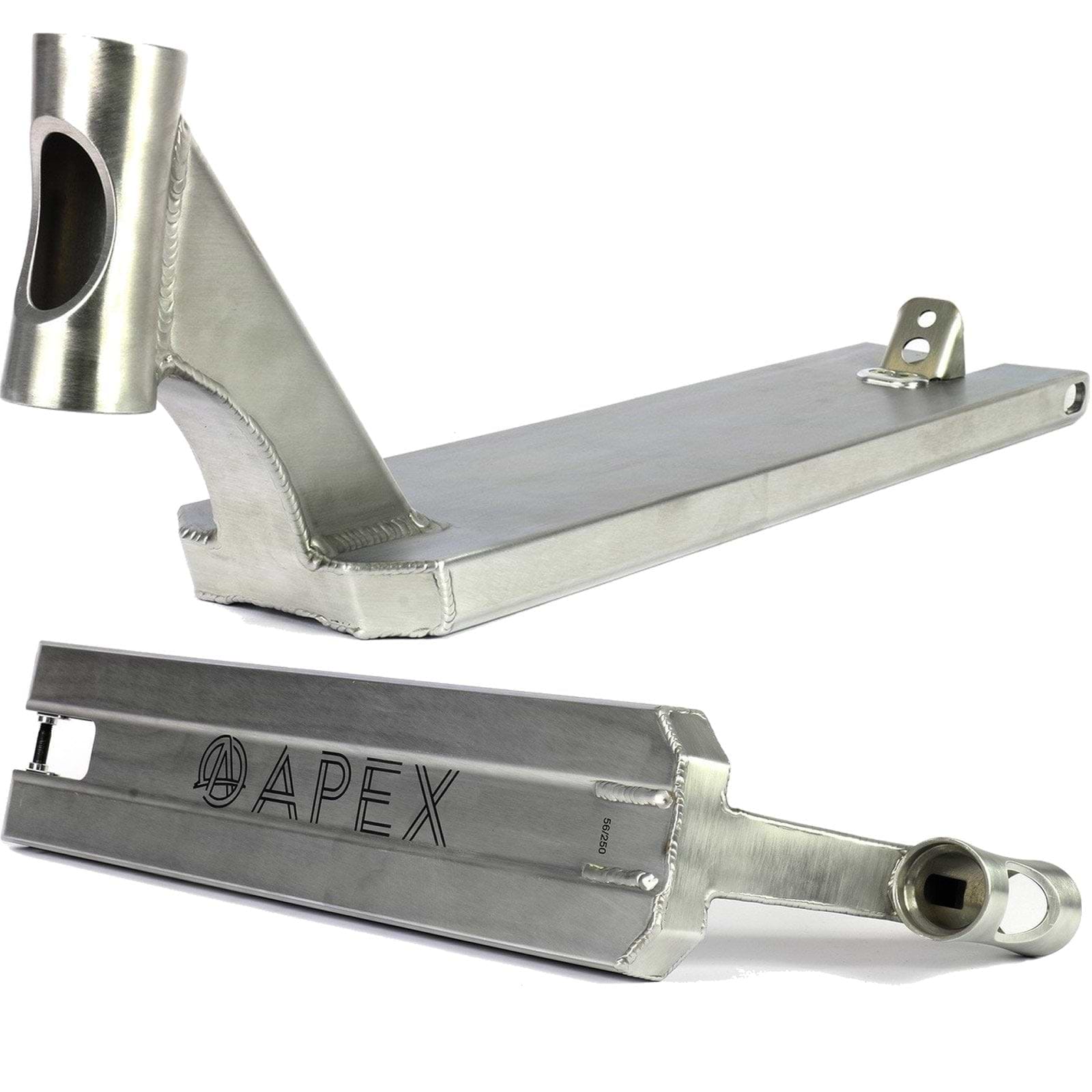 Two images of the Apex Pro Raw Silver Boxed Stunt Scooter Deck - 5" x 20.9". The top image presents a side view, emphasizing the welded neck and headtube design, while the bottom image reveals the underside with "APEX" engraved across its surface, showcasing boxed deck ends and enhanced durability from T6 heat treatment.