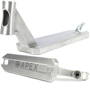 Two views of the Apex 5″ Tapered Stunt Scooter Deck - Silver 20.1″ (600mm) by Apex: one shows the side profile and head tube, while the other displays the underside with a prominent “APEX” engraving. Both images highlight smooth welds and a cutout near the brake area, underscoring this deck’s durability for both park and street riding.