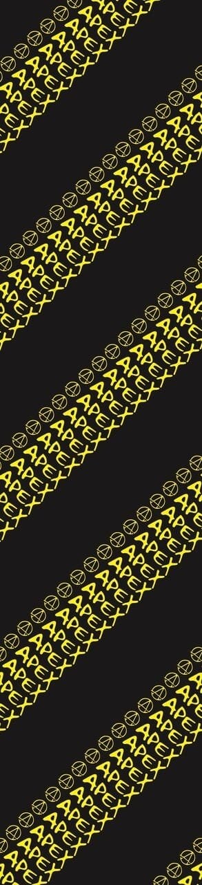 The Apex Logo Scooter Griptape - Caution by Apex features a diagonal pattern of interlocking yellow gears against a dark background, mimicking the style of scooter griptape. This design forms a repeating zigzag arrangement across the surface, providing enhanced grip and visual appeal.