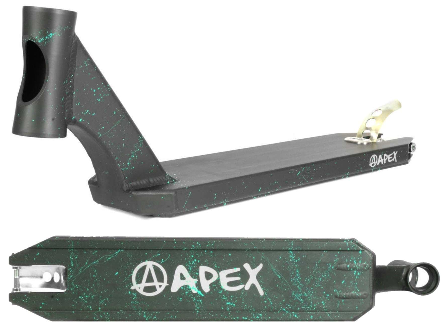 Introducing the Apex Pro Black Splash Stunt Scooter Deck: a lightweight deck measuring 4.5" x 18.1", featuring a sleek design with green speckles and the iconic Apex logo. Engineered for durability, it includes a cutout end, reinforced plate for stability, rear wheel bracket, and stylized graphics that are perfect for any stunt enthusiast.