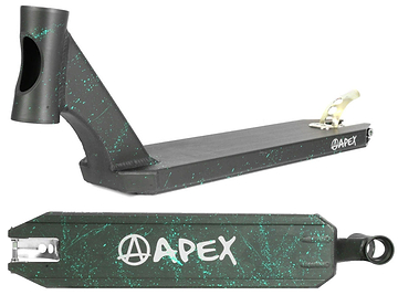 Introducing the Apex Pro Black Splash Stunt Scooter Deck: a lightweight deck measuring 4.5" x 18.1", featuring a sleek design with green speckles and the iconic Apex logo. Engineered for durability, it includes a cutout end, reinforced plate for stability, rear wheel bracket, and stylized graphics that are perfect for any stunt enthusiast.